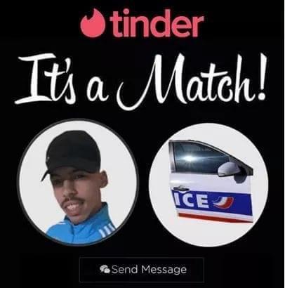 Cette image envoyé sur un des groupes WhatsApp de la gendarmerie de Maison-Alfort met en scène une personne d’origine maghrébine qui « matche » avec la police sur Tinder.