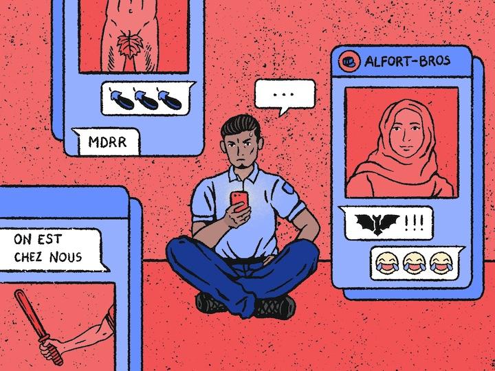 Sur le groupe WhatsApp du peloton, entre des photos de pénis et des blagues graveleuses, il y a aussi des comparaisons de personnes noires avec les primates