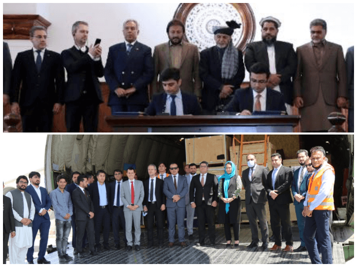 Sur la première photo prise en novembre 2019, on peut voir des responsables de Thalès, des officiels du régime, et au second rang David Martinon, l’ambassadeur de France en Afghanistan, proche de Nicolas Sarkozy, qui semble capturer la scène avec son smartphone. Sur la deuxième, prise en juillet 2021, les premières caisses affrétées dans un avion-cargo depuis Paris arrivent sur le tarmac. À l'intérieur, les trois premiers radars construits par Thalès. David Martinon est en compagnie de la ministre afghane des Télécoms