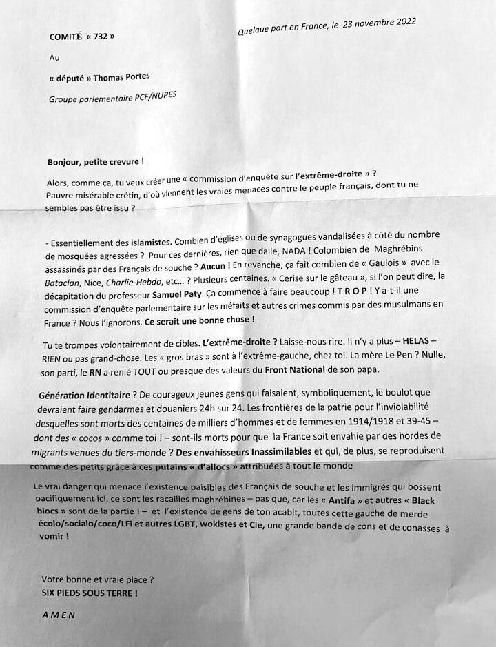 Le courrier reçu par le député LFI Thomas Portes
