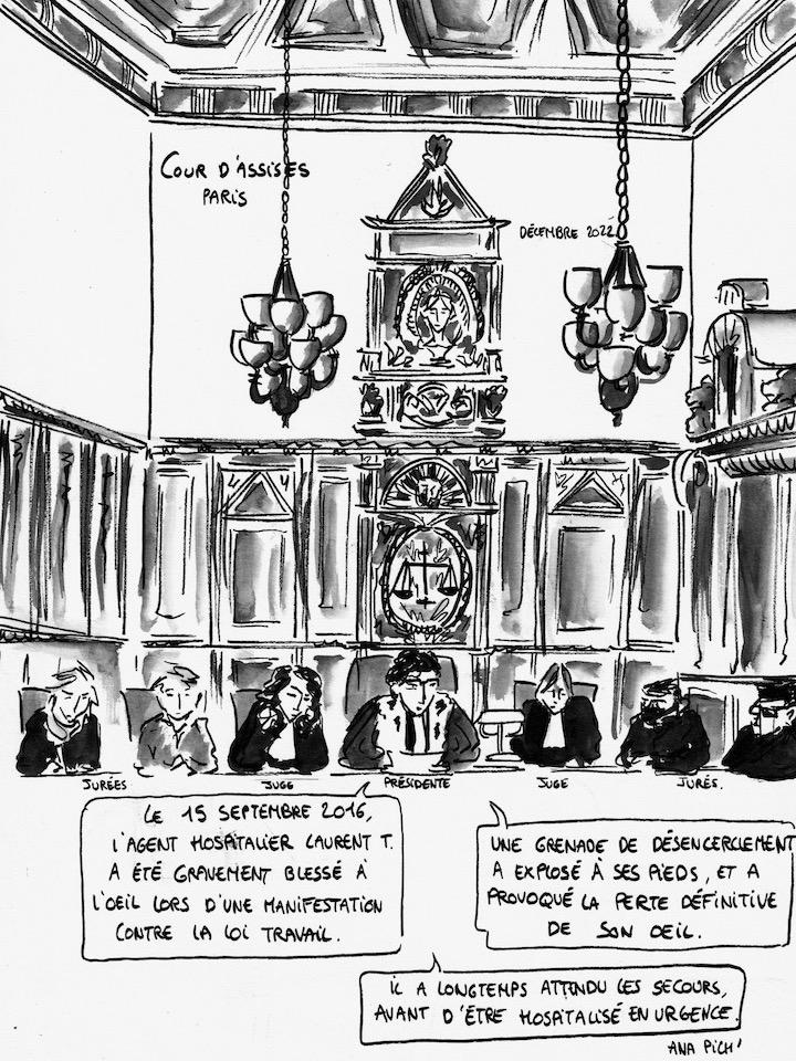 Laurent Theron a été éborgné par une grenade de désencerclement lancée par Alexandre M. le 15 septembre 2016, lors d'une manifestation contre la Loi Travail. Il a été jugé devant la cour d'assises pour cette mutilation