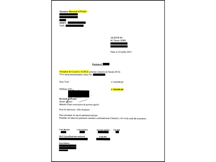 Dans les leaks, on trouve en effet une facture d’un montant de 100.000 euros pour une « Prestation de conseil à ALTICE (premier semestre 2014) »
