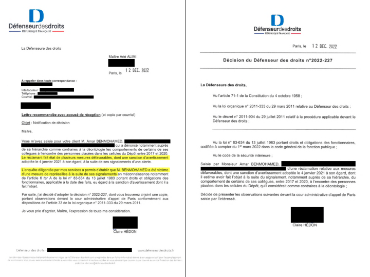 Pour la Défenseure des droits, le policier lanceur d’alerte « a été victime d’une mesure de représailles à la suite de ses signalements »
