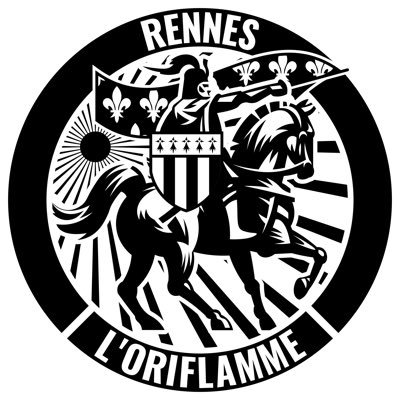 Le logo de L'Oriflamme Rennes. Le style n’étant pas sans rappeler les linogravures de la militante indépendantiste bretonne Jeanne Malivel, décédée à Rennes en 1926