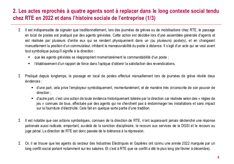 Le cabinet Progexa qualifie les actions des grévistes de « symboliques », qui n'avaient jamais déclenché « une réponse patronale aussi radicale », en parlant du recours à la DGSI. « La direction de RTE est donc passée de la tolérance à la répression », écrivent-ils.