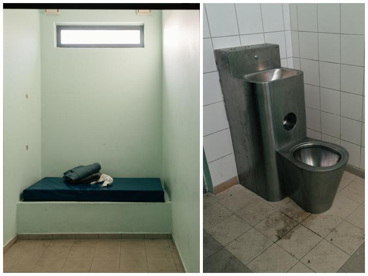 Une des cellules d'isolement du Cra et ses toilettes, sales