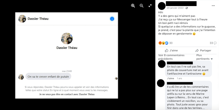 En janvier 2022, sur Facebook, Théo V. avait menacé de mort un militant de gauche marnais, sous le pseudo Théau Dassler. La victime avait déposé plainte. 