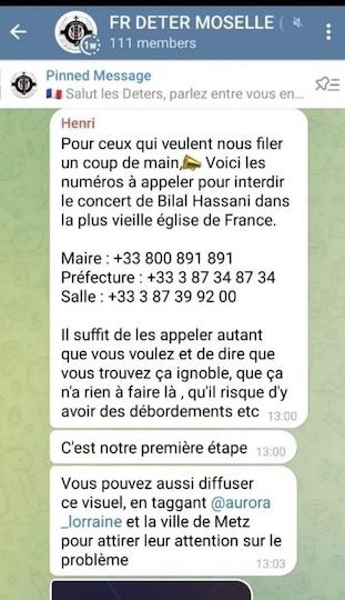 Dans le canal Telegram « FR DETER Moselle » que notre source a pu infiltrer, l’appel d’Aurora Lorraine contre la tenue du concert est partagé par Henri.T, un des membres du noyau dur d’Aurora Lorraine.