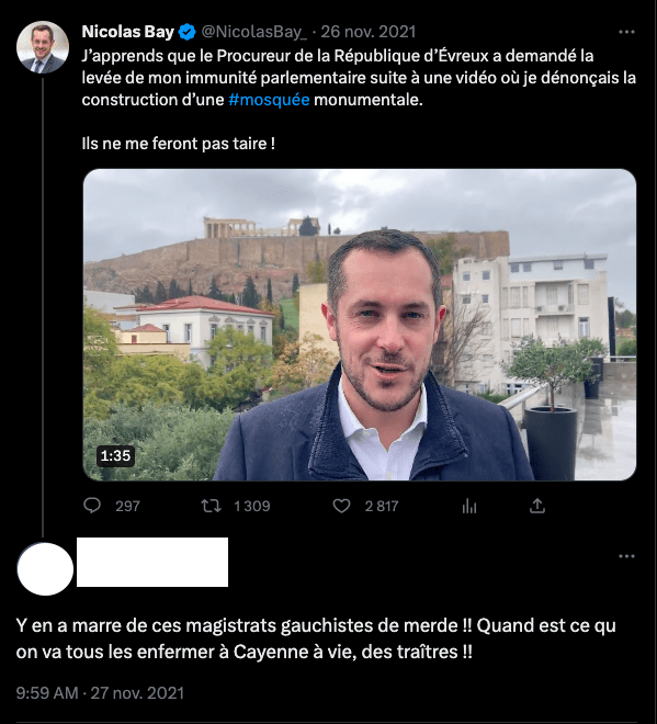 Pour Fabrice D-P. Les juges sont des « gauchistes » et des « traîtres » qu'il faut enfermer « à vie » à Cayenne, une référence au bagne.