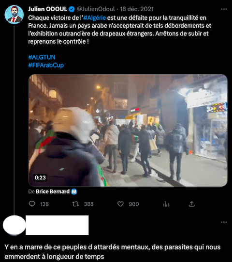 L'ancien gardien de la paix compare les Algériens qui fêtent la victoire de leur équipe à des « parasites ».