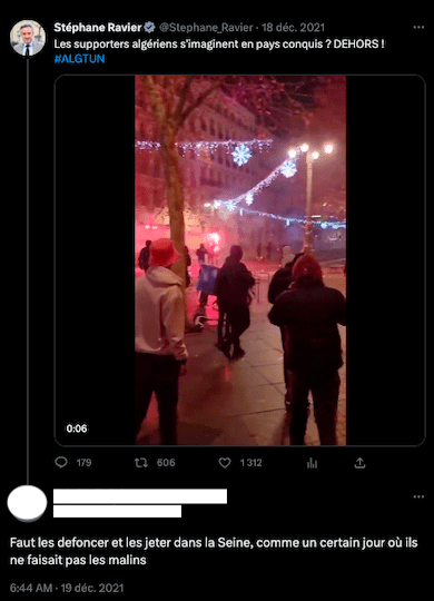Dans ce tweet de réponse au maire d'extrême droite Stéphane Ravier, l'ancien policier fait une référence explicite au massacre du 17 octobre 1961
