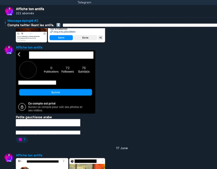 Les canaux Telegram publient également les adresses de leurs victimes. C'est du doxxing, un comportement puni par la loi depuis 2022. « Petite gauchiasse arabe », écrit l’administrateur d'une de ces boucles, suivi des coordonnées d'une bretonne