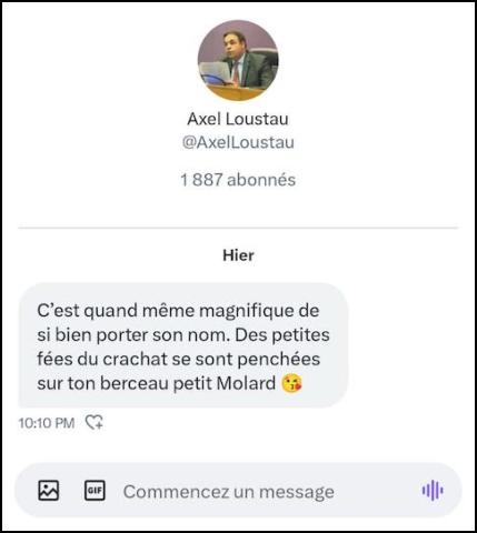 Axel Loustau, ancienne figure du Gud, ex-conseiller régional du Rassemblement National (RN) , et proche de Marine Le Pen, ne s’est pas gêné pour lui écrire