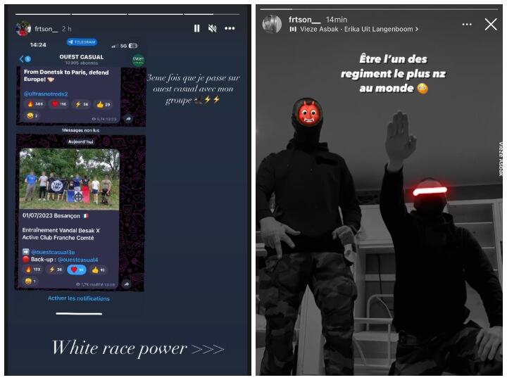 Sur son compte Instagram, Lukas C. multiplie les stories et les propos néonazies et suprémacistes. À droite, il fait sur la photo un salut de Kühnen, une variante à trois doigts du salut nazi, son comparse fait directement l’hitlérien.