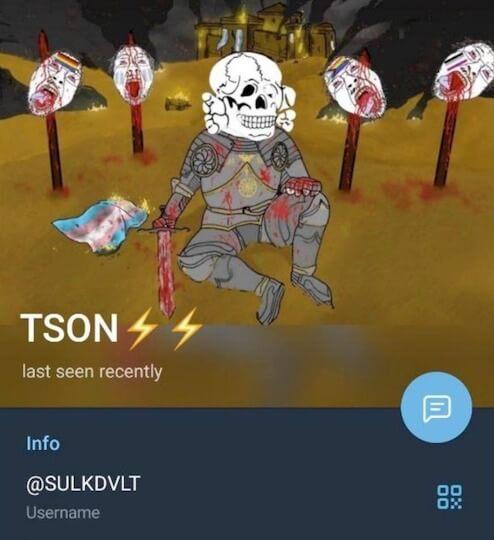 Sur son compte Telegram, Lukas C. affiche un dessin de chevalier qui vient de trancher des têtes. Sur les visages ou par terre, différents drapeaux LGBT : l’arc-en-ciel, celui des personnes transgenres et des asexuels.