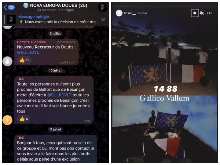 Début juillet, Lukas C. est devenu recruteur pour l’entité Nova Europa dans le Doubs, un canal de discussion qui est une resucée de FrDeter. Pour Nova Europa, le bidasse a monté Gallico Vallum, un groupe nationaliste qu’il a présenté avec les chiffres 14 et 88 sur Instagram, deux références là-encore au nazisme.