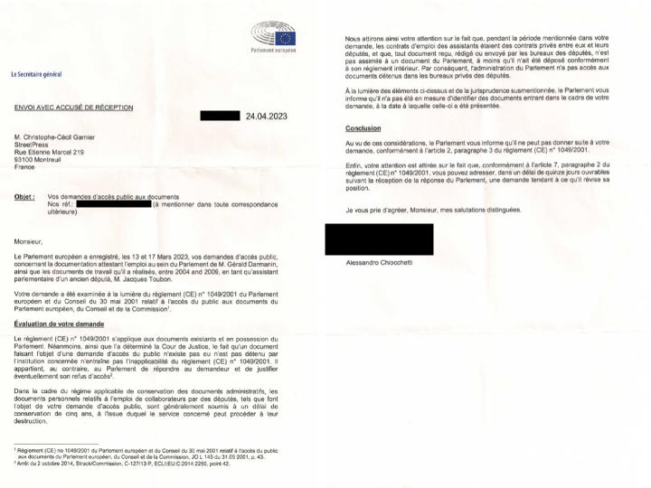 Las, le Parlement européen a cherché à deux reprises et a répondu à chaque fois à StreetPress qu’il n’avait rien trouvé.