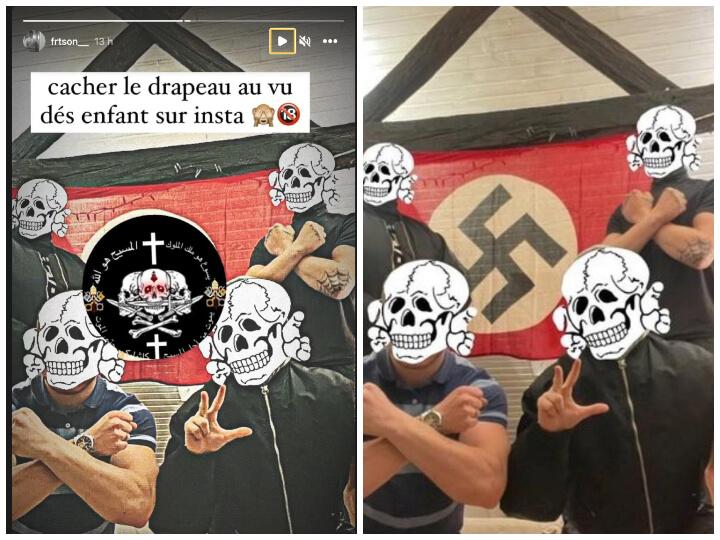 À gauche, la story éphémère de Lukas C. où il pose avec trois hommes devant le drapeau de l’Allemagne nazie – en gommant la croix gammée. À droite, la photo non-censurée.