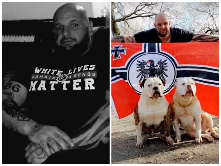 Sur ses réseaux sociaux, Gabriel Decouture est un néonazi autoproclamé. À gauche, il porte le slogan d'extrême droite White Live Matter. À droite, il affiche un drapeau de guerre du Troisième Reich, mixé avec un autre du Deuxième Reich pour cacher la croix gammée.