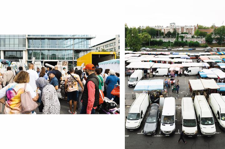 Quand le marché n’est pas là, la grande bande de bitume redevient un parking. Des sans domicile fixe s’y installent aussi, dans de grands camions cabossés