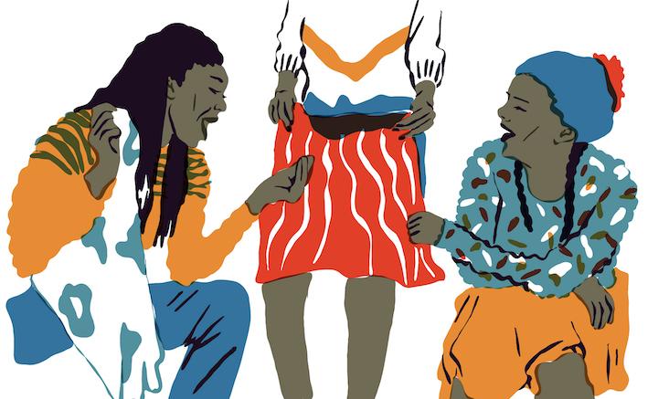 Awa, 16 ans, essaie une jupe par-dessus son pantalon. « Ce n’est pas ma taille », rigole la mineure avec la bénévole qui lui a proposé le vêtement