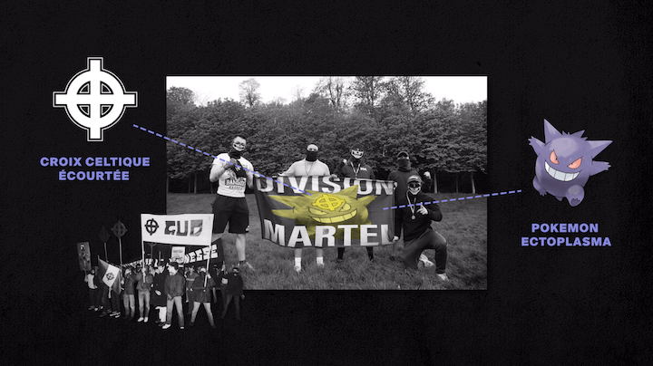 La division Martel arbore toujours les mêmes drapeaux, dont l’un est le Pokemon Ectoplasma, spectre violet malicieux, associé d'une croix celtique