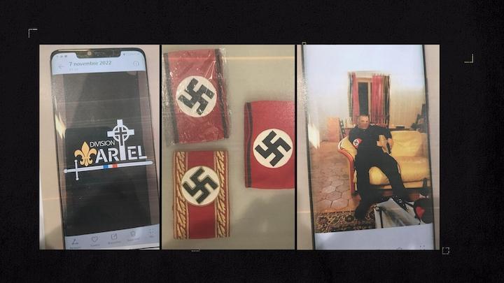 Après France-Maroc, les policiers perquisitionnent le domicile de Léo R. Ils découvrent des drapeaux du Troisième Reich et plusieurs brassards siglés d’une croix gammée. Les enquêteurs retrouvent aussi dans son téléphone une photo d’un membre de la DM avec un des brassards au biceps.
