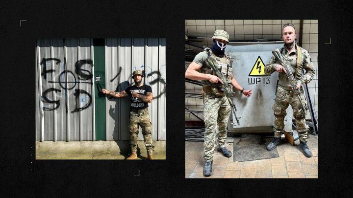 Entre deux entraînements, César dessine des croix celtiques avec un ancien de la Légion étrangère surnommé Dox. À droite, ils soulignent les lettres « WP » car chez les fafs, c'est l'acronyme de « White Power », le « pouvoir blanc ».