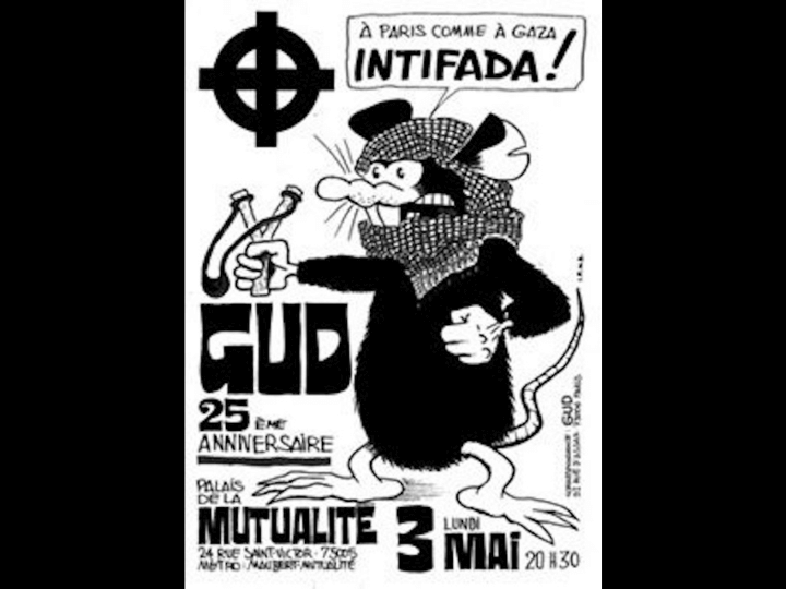 Le slogan du Gud, « à Paris comme à Gaza, Intifada », apparu aux côtés du célèbre rat noir affublé d’un keffieh dans les années 1990.