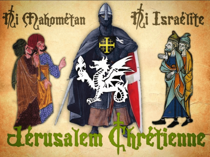 Les Vouivres défendent l’idée que la Palestine serait une terre chrétienne. Ce groupuscule mi-royaliste mi-NR a diffusé un visuel : « Ni mahométan, ni israélite – Jérusalem chrétienne »