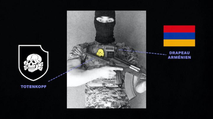 En octobre 2020, Marc se rend au Haut-Karabakh pour combattre aux côtés des Arméniens contre l’Azerbaïdjan. Sur la seule photo de lui là-bas, il pose avec deux patchs sur son uniforme. Un du drapeau de l'Arménie, un autre d'une Totenkopf, une insigne d'une division SS durant la Seconde Guerre mondiale. Un symbole qu'il s'est tatoué sur le corps