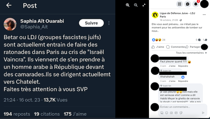 Après l’altercation, la vice-présidente de SOS Racisme Saphia Aït Ouarabi fait un tweet pour alerter sur la situation. Elle est accusée de diffuser une fausse information et supprime son tweet après un cyberharcèlement. L'action a pourtant été revendiquée par le compte Facebook parisien de la LDJ. 