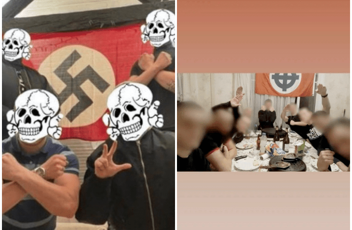 Les trois bisontins des Vandal connaissent bien Lukas C., un ex-militaire du régiment de Belfort. À gauche, Ilann F. pose avec lui cet été devant un drapeau du IIIe Reich. À droite, la photo publiée par Romain J. est celle d'une raclette organisée par lui et Ilann F.