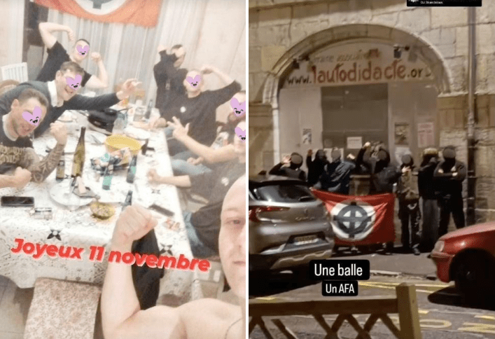 Ilann F. est membre du groupuscule d'extrême droite Vandal Besak. Il publie ces deux images avec un drapeau à croix celtique sur son compte Instagram. À gauche, il s'agit d'une raclette qu'il a fait le 11 novembre 2023, avec d'autres néonazis du Doubs et des recrues de Nova Europa. À droite, il s'agit d'une action des Vandal