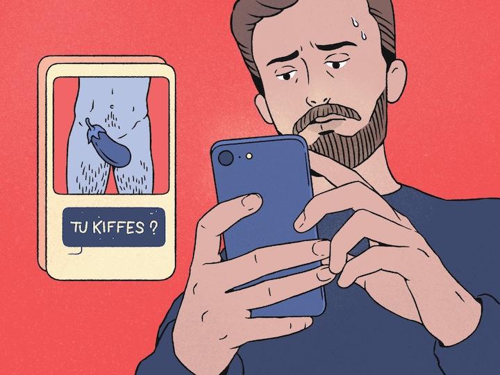 Sur Grindr, une appli de rencontre pour hommes homosexuels ou bisexuels, dick pics et insultes arrivent plusieurs fois par jour