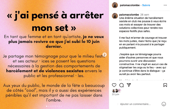 En juin 2023, la DJ Paloma Colombe tape du poing sur la table. Elle raconte le harcèlement et les violences sexistes dont elle a été victime