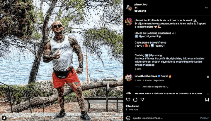 Sur son compte Instagram, « Pierrot Fou » ne manque aucune occasion de rappeler qu’il est une des égéries françaises de la marque de nutrition sportive Prozis