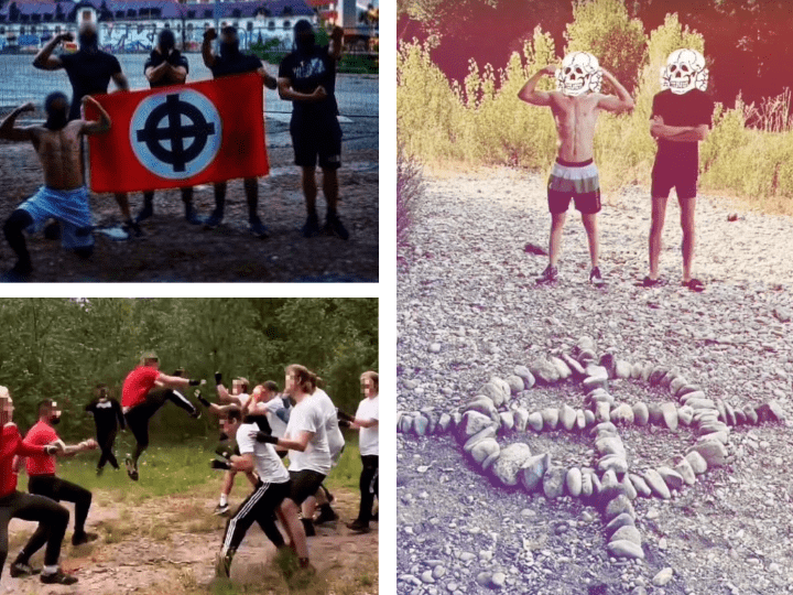 Les Vandal Besak font des fights en forêt – des combats organisés – avec d'autres groupes hooligans d'extrême droite, comme le montre la photo en bas à gauche. Sur d'autres, les militants comme Ilann Fabre affichent leur appétence pour la croix celtique, le symbole de l'extrême droite radicale.