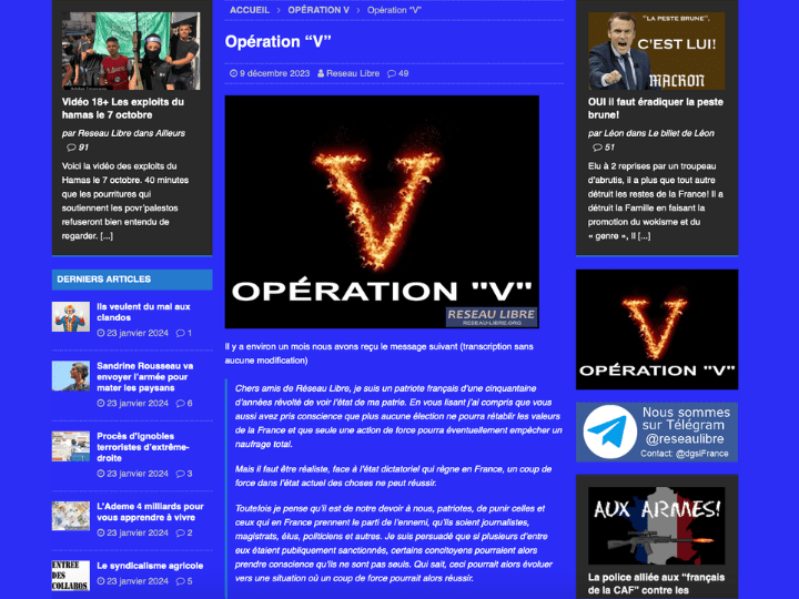Un projet baptisé « Opération V » est apparu au début du mois de décembre 2023 sur Réseau libre. Derrière ce nom se cache un projet d’expéditions punitives sur le territoire français