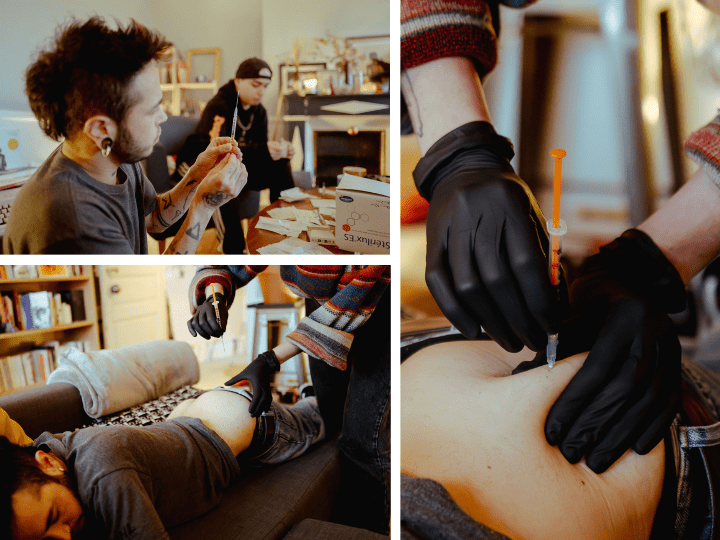 Paule pince la peau, puis pique : « S'il y a des bulles, c'est normal, mais s'il y a du sang, il faut arrêter et tout recommencer. » Baptiste reste détendu, confiant : « Ça ne fait pas mal »