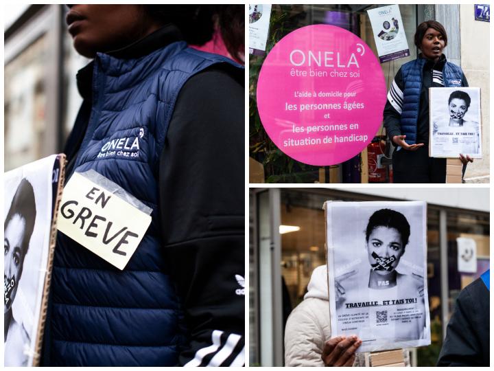 Le 11 mars 2024, les salariés en grève d'Onela manifestent devant l'agence de la société dans le 16ème arrondissement. « Regardez le slogan là-haut. Ils disent “Bien chez soi”, nous on dit “Mal au travail” », pointe du doigt Bridgette