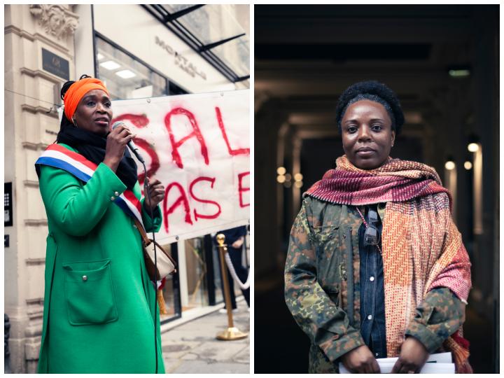 Le 15 mars dernier, les salariés d'Onela comme Marisa (à droite) ont été manifester devant le siège du groupe Colisée, quatrième gestionnaire de maisons de retraite et d’Ehpad en France, à Paris. Les grévistes ont été soutenus par la député LFI Rachel Keke. 