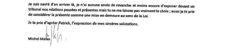 Extrait du courrier rédigé par M. Matas.