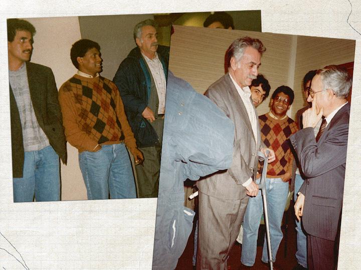 Abraham Serfaty rend visite aux militants d'Il-al-Amame à Paris après sa libération en septembre 1991, El Hachmi à sa droite