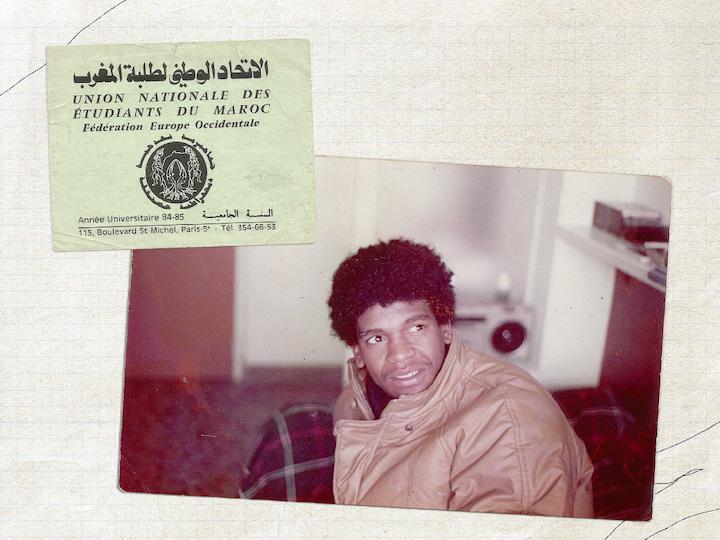 La carte de l'UNEM de Mohammed Kchikech en 1984 et El Hachmi dans une chambre de la cité universitaire à Caen, année universitaire 1982-83.