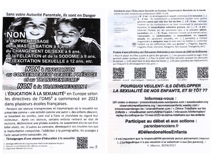 Mamans louves a aussi des alliances locales avec Parents en colère. Cette dernière asso va plus loin qu’elles : l’éducation à la sexualité serait non seulement dangereuse, mais aussi carrément illégale