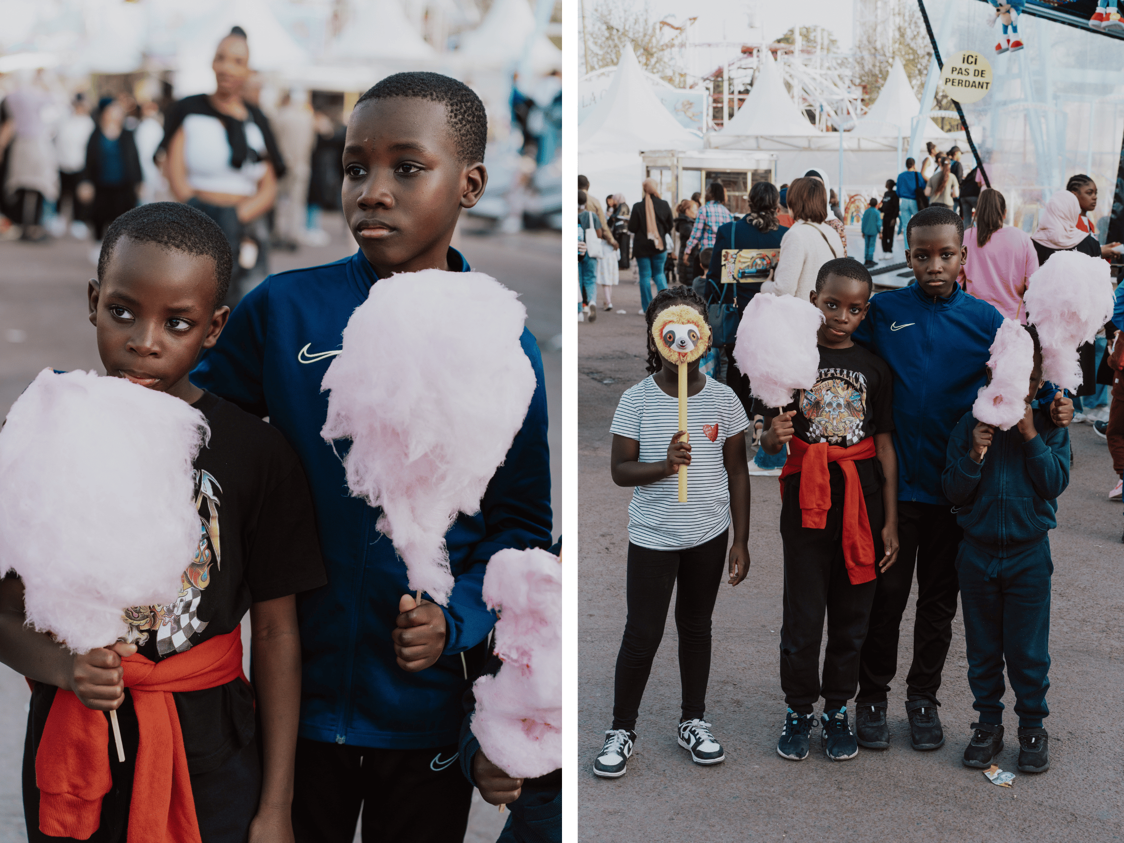 Ismaël, 12 ans, trépigne après avoir fait toute la route depuis Orly. À côté, son frère Yaya, cinq ans, a de la barbapapa pleins les mains et le visage.