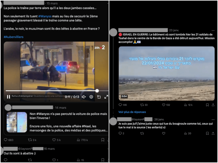 Le 16 mars Jayson P. répond sur Twitter-X que l’arabe, le noir ou le musulman sont « à abattre » en France. Dans un tweet du 26 janvier, il est même plus direct en écrivant : « J’aime juste ceux qui tuent du bougnoule. » 