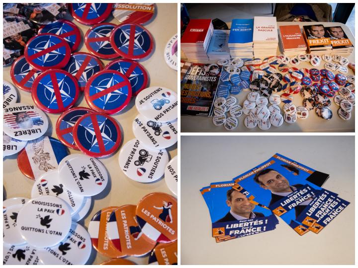 Pendant que le président du parti Les Patriotes dédicace à tour de bras ses (nombreux) ouvrages auto-édités, les petites mains du parti vendent des badges anti-OTAN ou qui souhaitent la sortie du marché européen de l’électricité