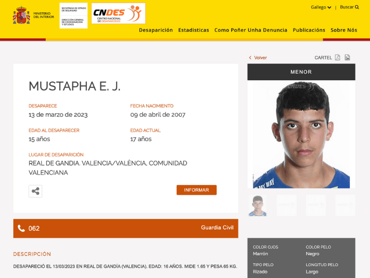 En mars 2023, un avis de disparition est publié par les services espagnols. Mustapha a disparu